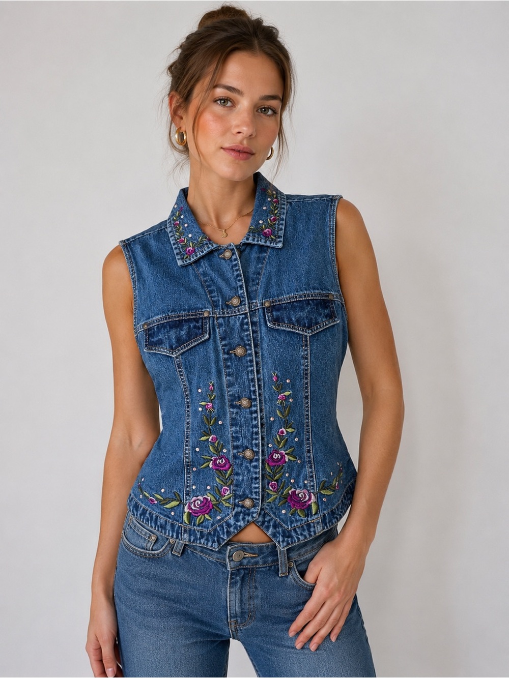 Vintage Bill Blass Embroidered Denim Vest Top | Size L